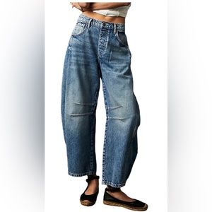 Women Loose Jeans Solid Color Mid-Rise Barrel Denim Pants Casual Trousers